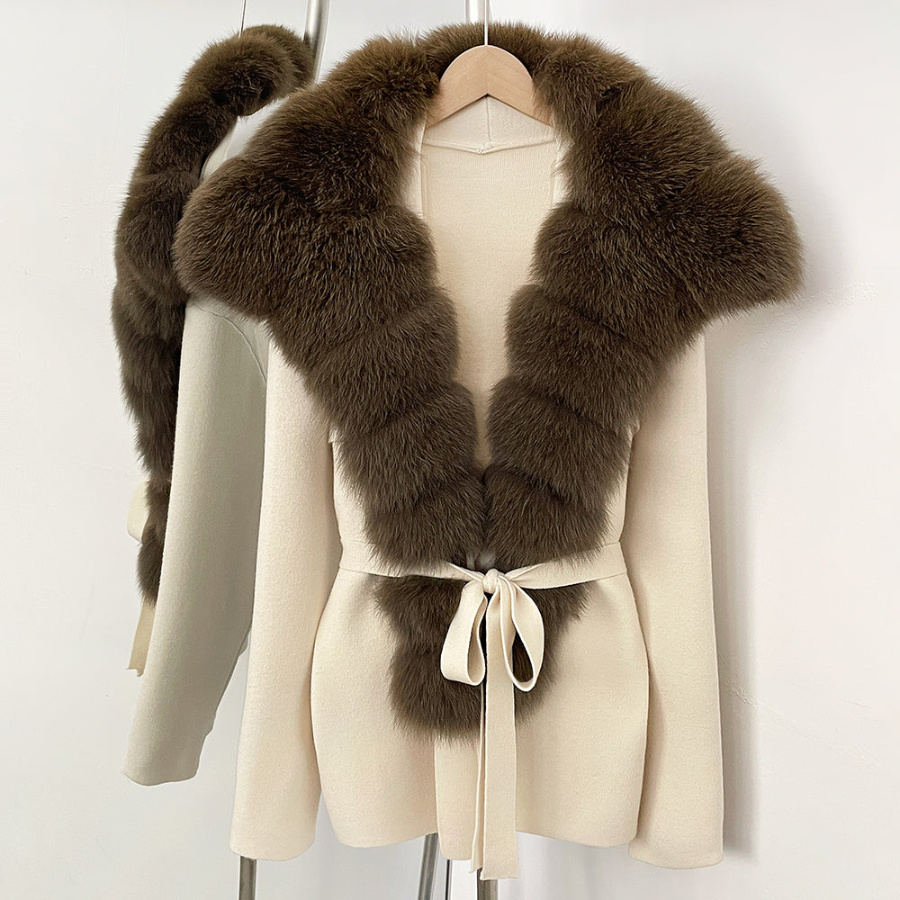 OFTBUY New Women's Knit Cardigan with Oversized Real Fox Fur Collar Belt Luxury Warm Winter Outerwear Sweater Jacket Female