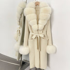 OFTBUY New Cardigan Autumn Winter Long Knit Clothing Women Loose Warm Belt Sweater Jacket with Real Fox Fur Collar and Cuffs
