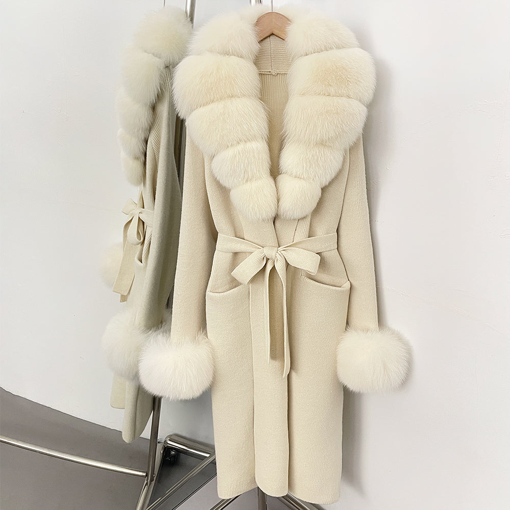 OFTBUY New Cardigan Autumn Winter Long Knit Clothing Women Loose Warm Belt Sweater Jacket with Real Fox Fur Collar and Cuffs