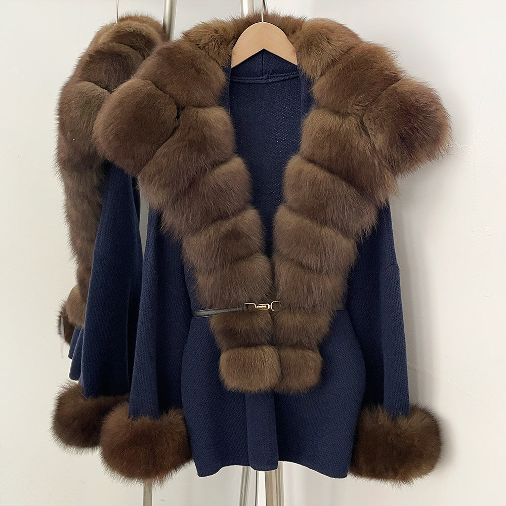 OFTBUY Belt Loose Fit Warm Winter Fashion Outerwear Natural Fur Sweater Female New Women's Knit Coat with Large Real Fox Fur