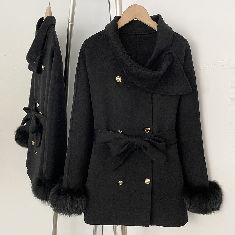 OFTBUY Gold Buttons Belted Bow Warm Winter Elegant Fashion Outerwear New Women's Double Face Wool Coat with Real Fox Fur Cuffs