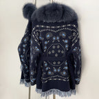 OFTBUY New Luxury Clothes Winter Outerwear Lady Women's Paisley Knit Cardigan with Real Fox Fur Trim Belted Sweater Coat Female