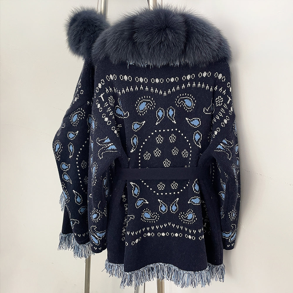 OFTBUY New Luxury Clothes Winter Outerwear Lady Women's Paisley Knit Cardigan with Real Fox Fur Trim Belted Sweater Coat Female