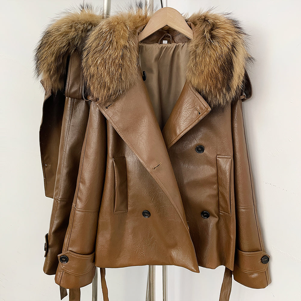 OFTBUY Women's Real Fox Raccoon Fur Collar Faux Leather Trench Coat Double Breasted PU Jacket with Belt Luxury Winter Outerwear