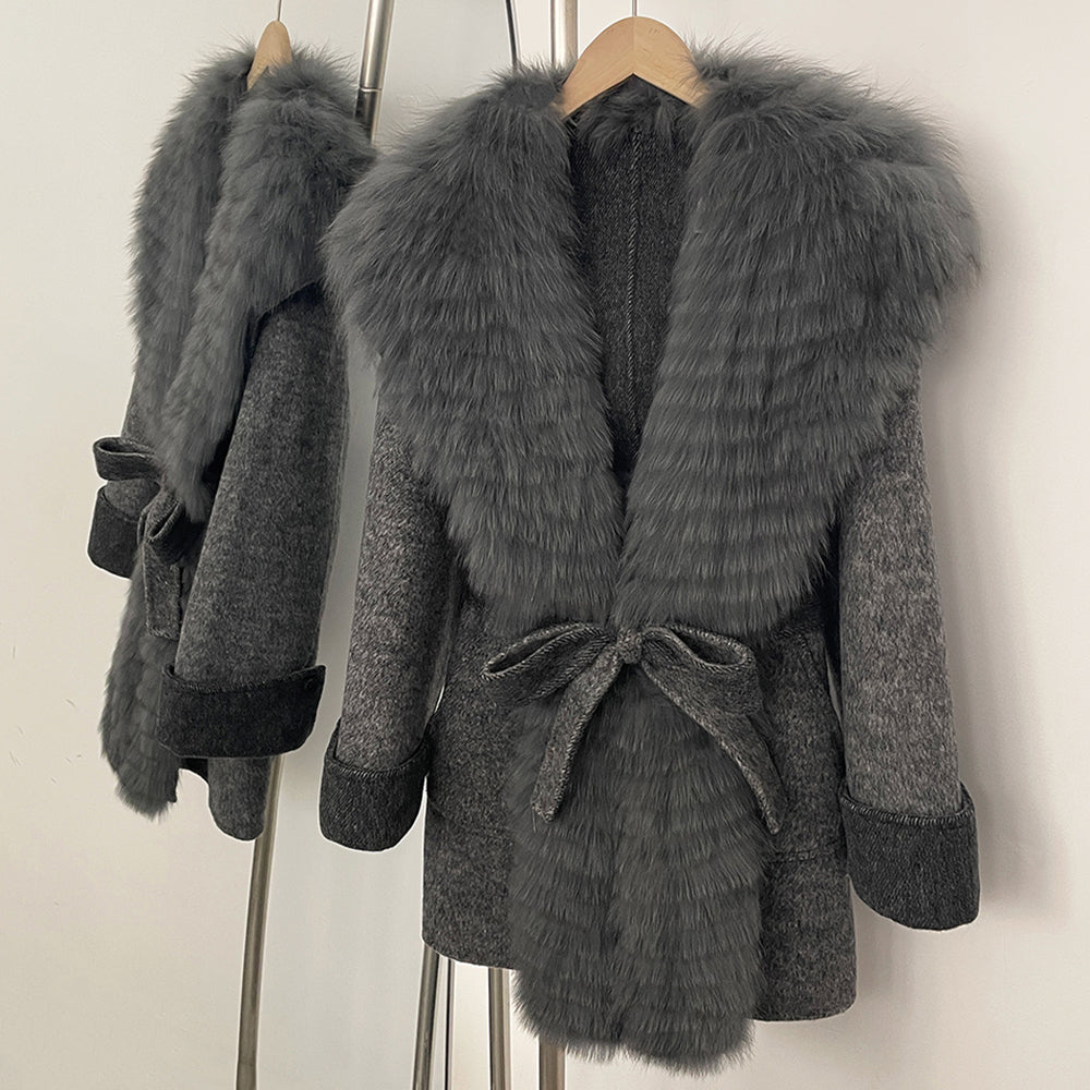 OFTBUY New Autumn Winter Belt Top Clothes Mid-length Real Fox Fur Woolen Coat Female Fashion Warm Natural Fur Wool Jacket Women