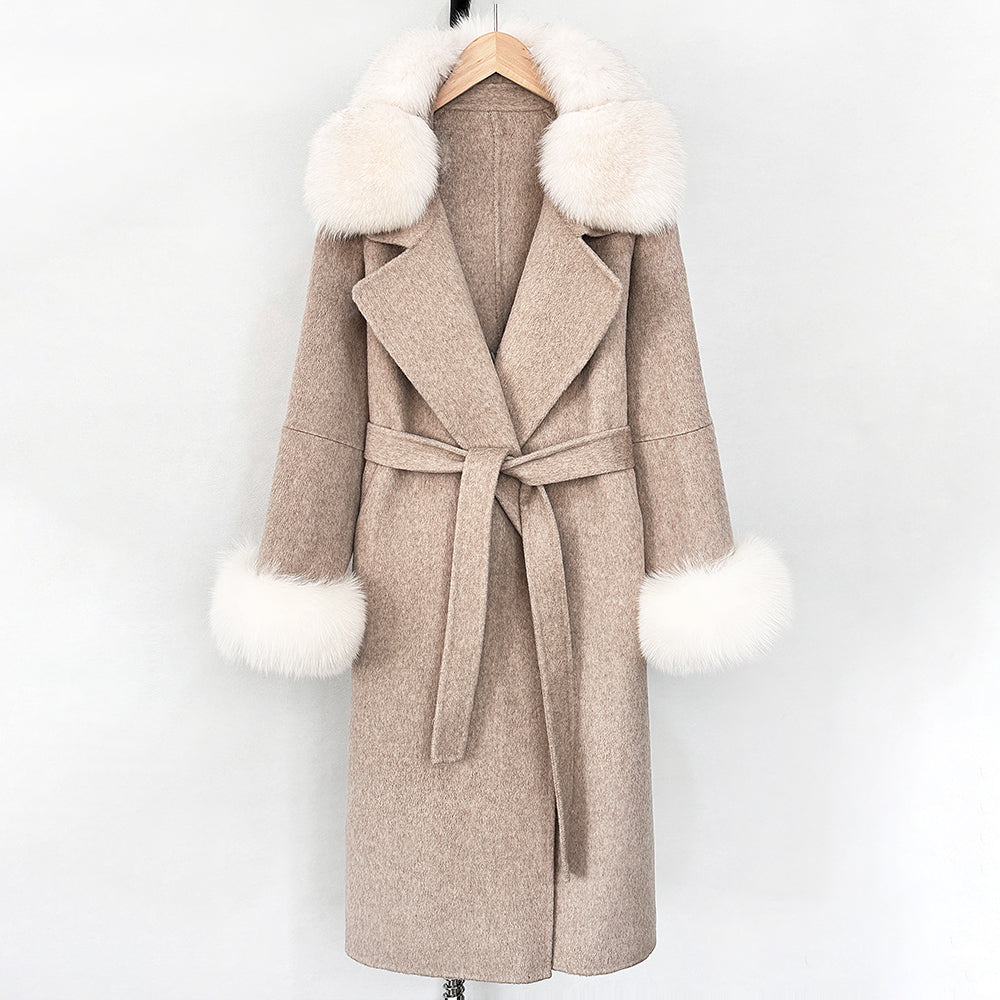OFTBUY Belted Long Warm Winter Elegant Fashion Outerwear New Women's Double-Faced Wool Coat with Real Fox Fur Collar and Cuffs