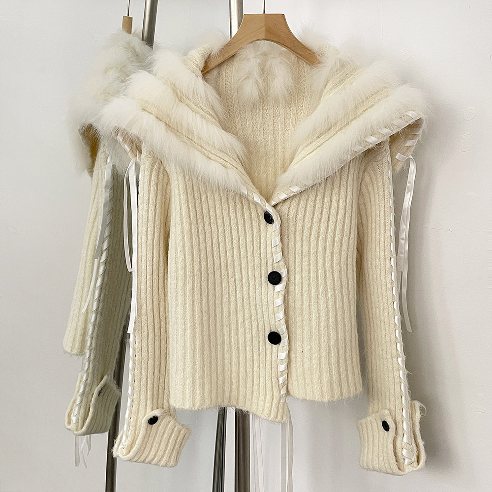 OFTBUY New Spring Autumn Top Cardigan Clothing Female Short Slim Real Fox Fur Knitted Sweater Women Real Fur Knittig Jacket Lady