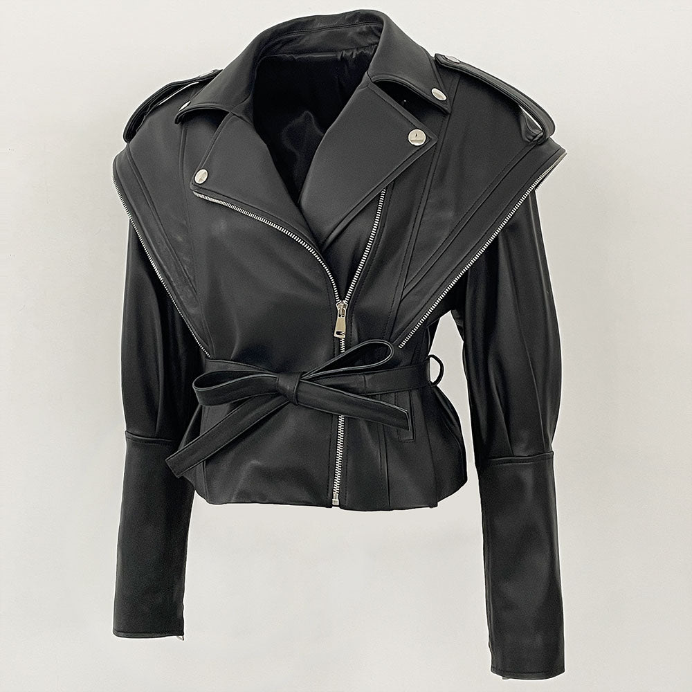 OFTBUY New Autumn Shoulder Leather Jackets Real Sheepskin Jacket Design Biker Leather Jacket Lady Genuine Leather Jacket Women