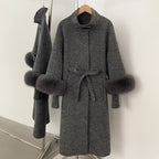 OFTBUY New Autumn Winter Knitted Sleeves Woolen Clothes Women High Collar Belt Real Fox Fur Wool Coat Female Alpaca Loose Jacket