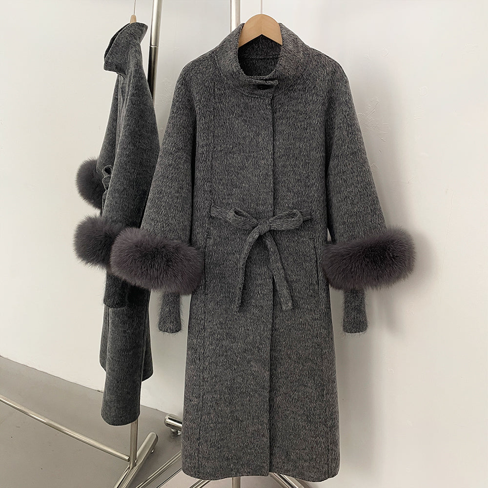 OFTBUY New Autumn Winter Knitted Sleeves Woolen Clothes Women High Collar Belt Real Fox Fur Wool Coat Female Alpaca Loose Jacket