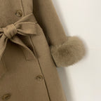 OFTBUY New Women's Wool Coat with Real Fox Fur Cuffs Double Breasted Belted Bow Pockets Warm Winter Elegant Fashion Outerwear