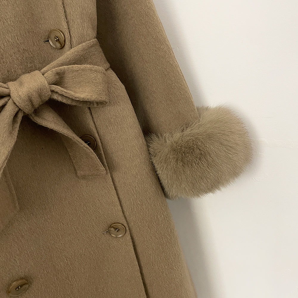 OFTBUY New Women's Wool Coat with Real Fox Fur Cuffs Double Breasted Belted Bow Pockets Warm Winter Elegant Fashion Outerwear