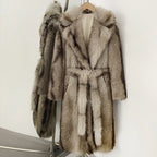 Silver fox style long faux fur coat in beige-grey with realistic needle-fur texture