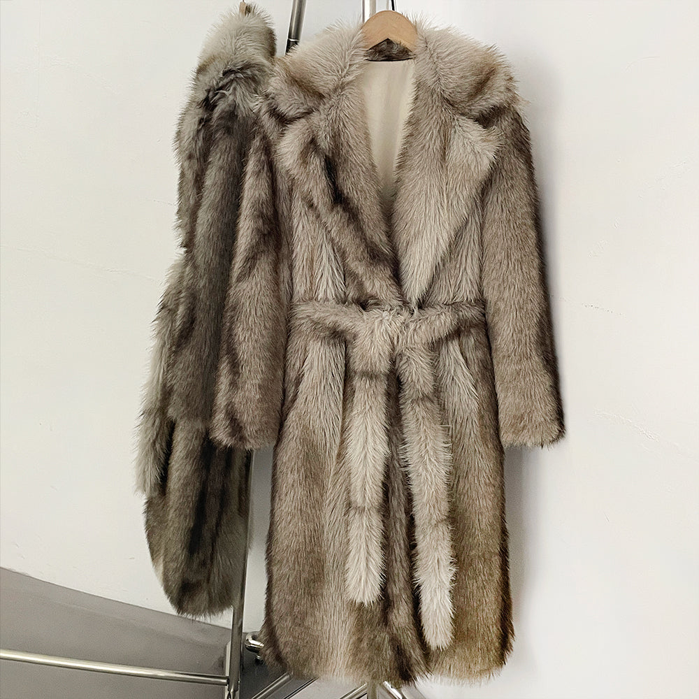 Silver fox style long faux fur coat in beige-grey with realistic needle-fur texture