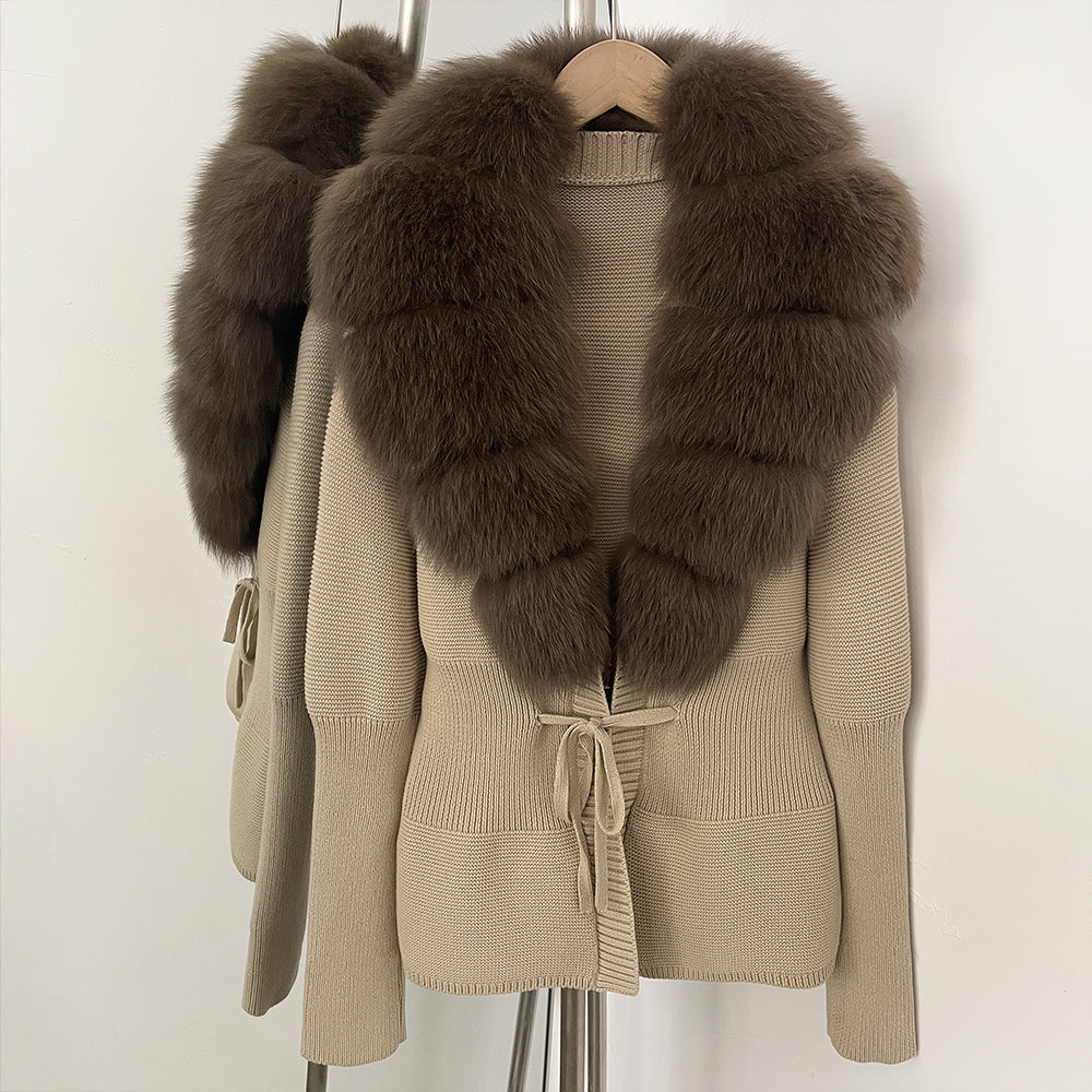 OFTBUY Luxury 100% Cotton Jacket with Real Fox Fur Collar New Autumn Winter Knit Cardigan Women Slim Warm Sweater Outerwear Lady