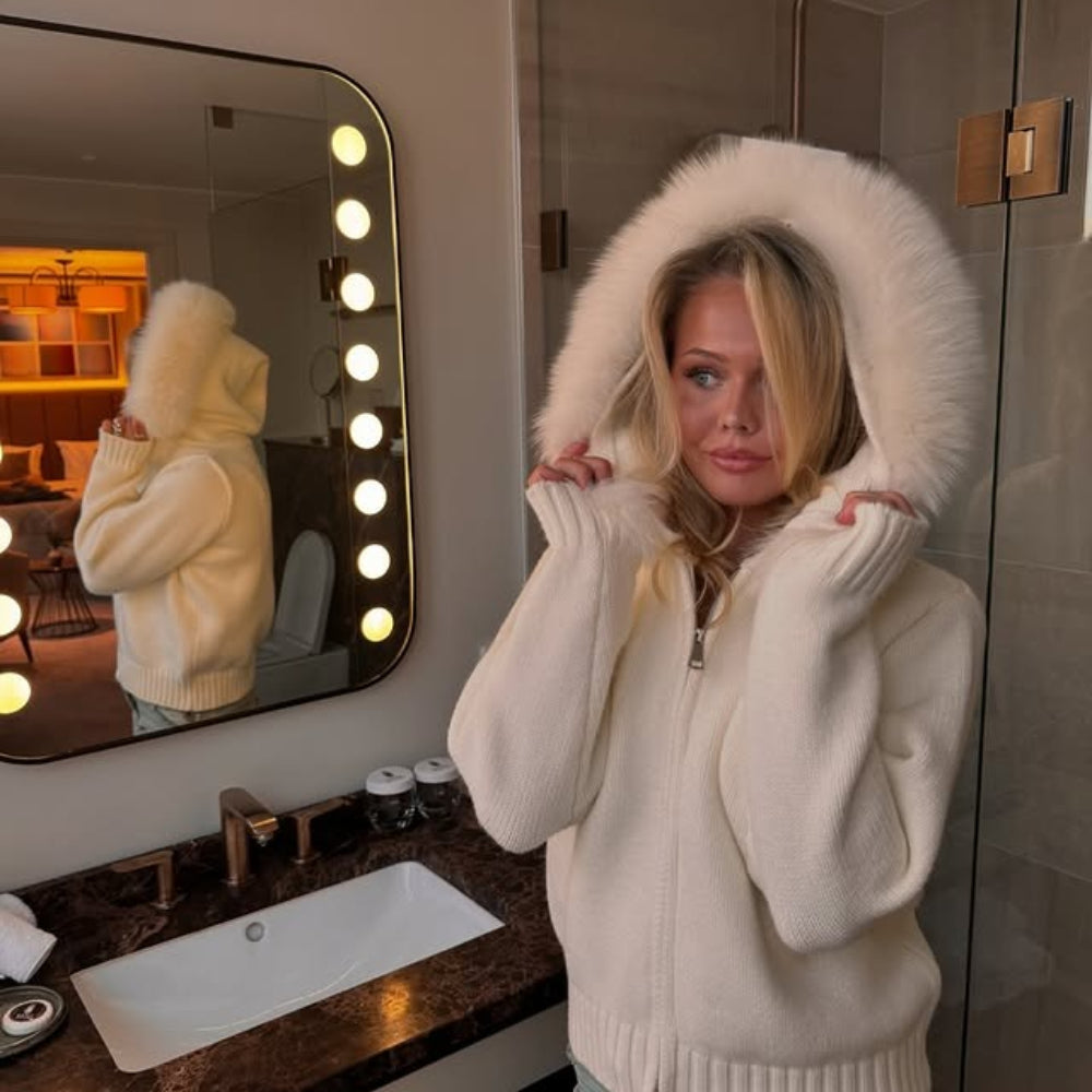 OFTBUY Luxury Knitted Zip-Up Hoodie with Oversized Real Fox Fur Hood - Premium Apres-Ski Luxe Loungewear