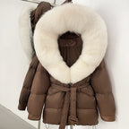 OFTBUY Thick Warm Mid-Long Puffer Coat Real Fox Fur Collar White Duck Down Coat Female Loose Warm Hooded Parkas With Belt