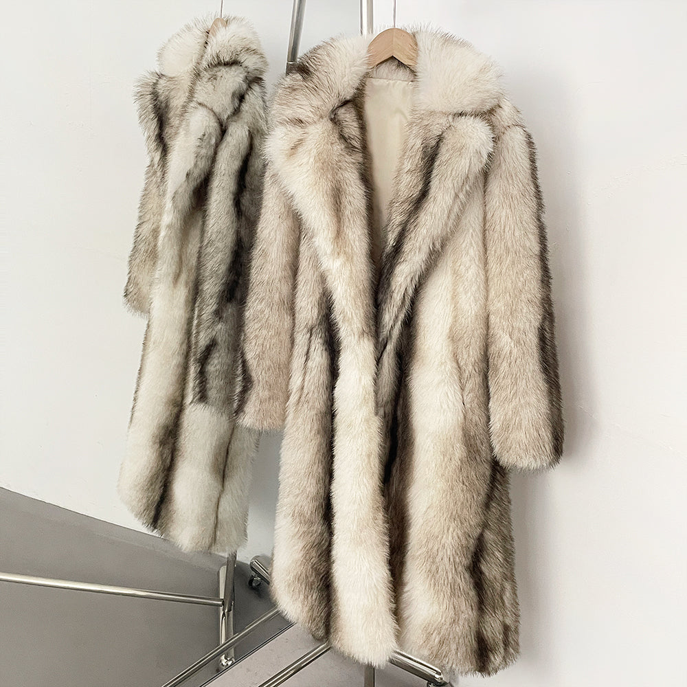 OFTBUY Luxury Long-Line Notch Lapel Faux Fur Coat - Elegant Winter Vegan Fur Overcoat