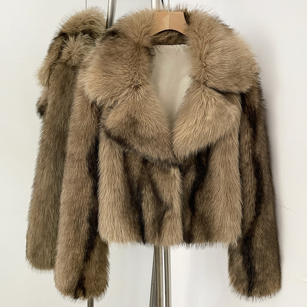 OFTBUY Luxury Oversized Lapel Faux Fur Jacket - Premium Vegan Fur Short Coat for Winter Glamour