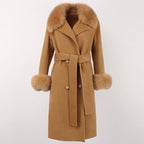 OFTBUY Winter Jacket Women Long Natural Wool Blends Cashmere Real Fur Coat Double Breasted Belt Warm Streetwear New Fashion