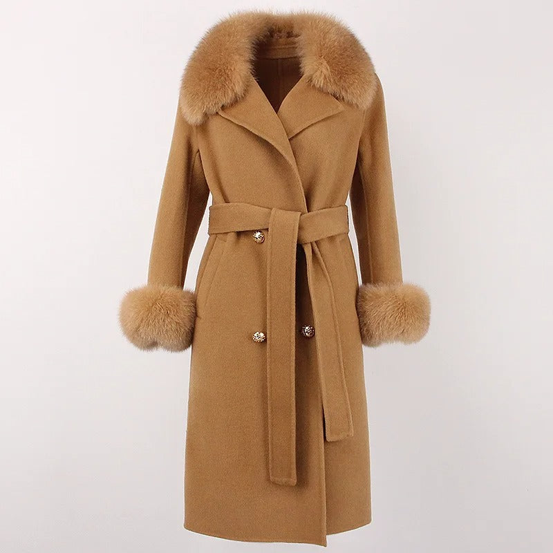 OFTBUY Winter Jacket Women Long Natural Wool Blends Cashmere Real Fur Coat Double Breasted Belt Warm Streetwear New Fashion
