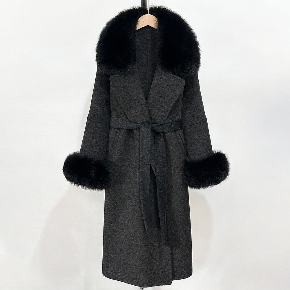 OFTBUY Fashion Warm Wool Coat with Real Fox Fur Collar New Autumn Winter Long Clothing Women Belt Elegant Woolen Jcacket Female