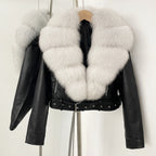 OFTBUY Natural Fox Fur Faux Leather Jacket Female New Autumn Short Top Clothing Women Long Sleeve Fake Leather Real Fur Coat