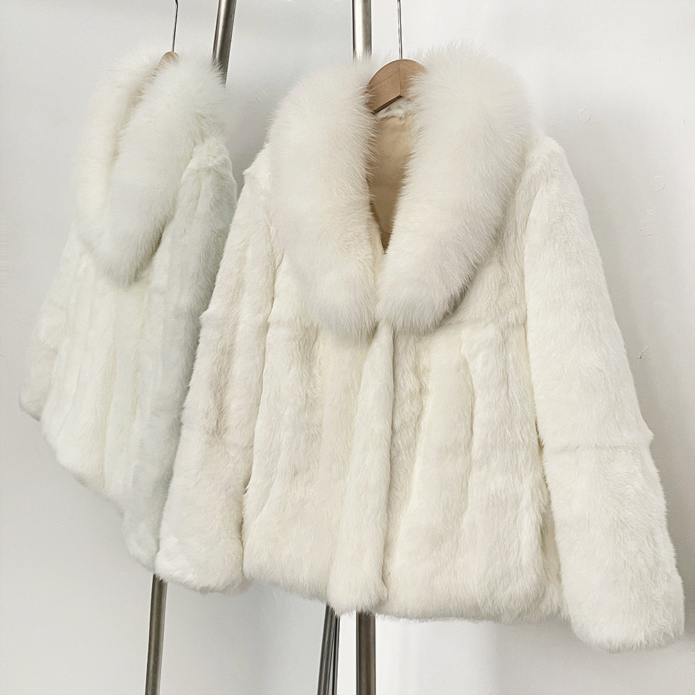 OFTBUY Natural Rabbit Fur Coat Female New Thickened Warm Top Clothing Women Fashion Fluffy Real Fox Fur Collar Jacket Lady