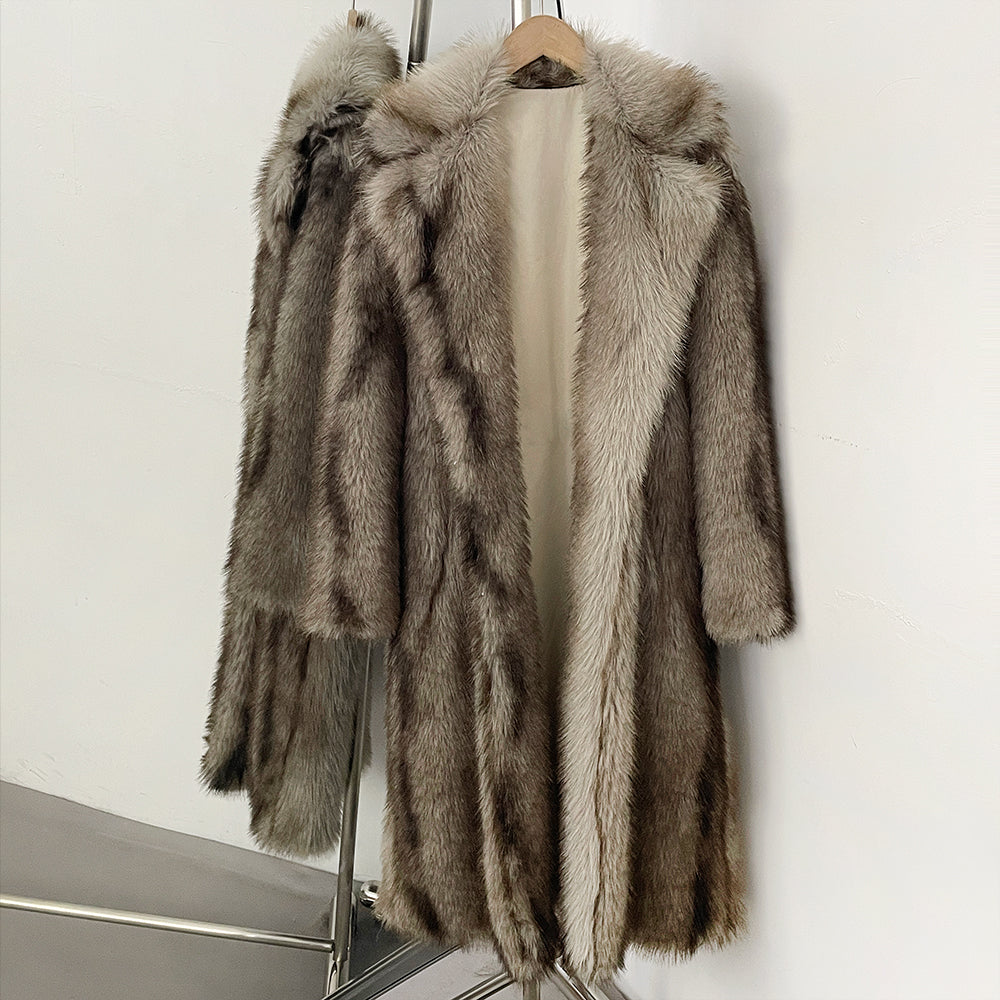 OFTBUY Luxury Long-Length Belted Faux Fur Coat - Premium Vegan Silver Fox Style Overcoat with Oversized Lapel