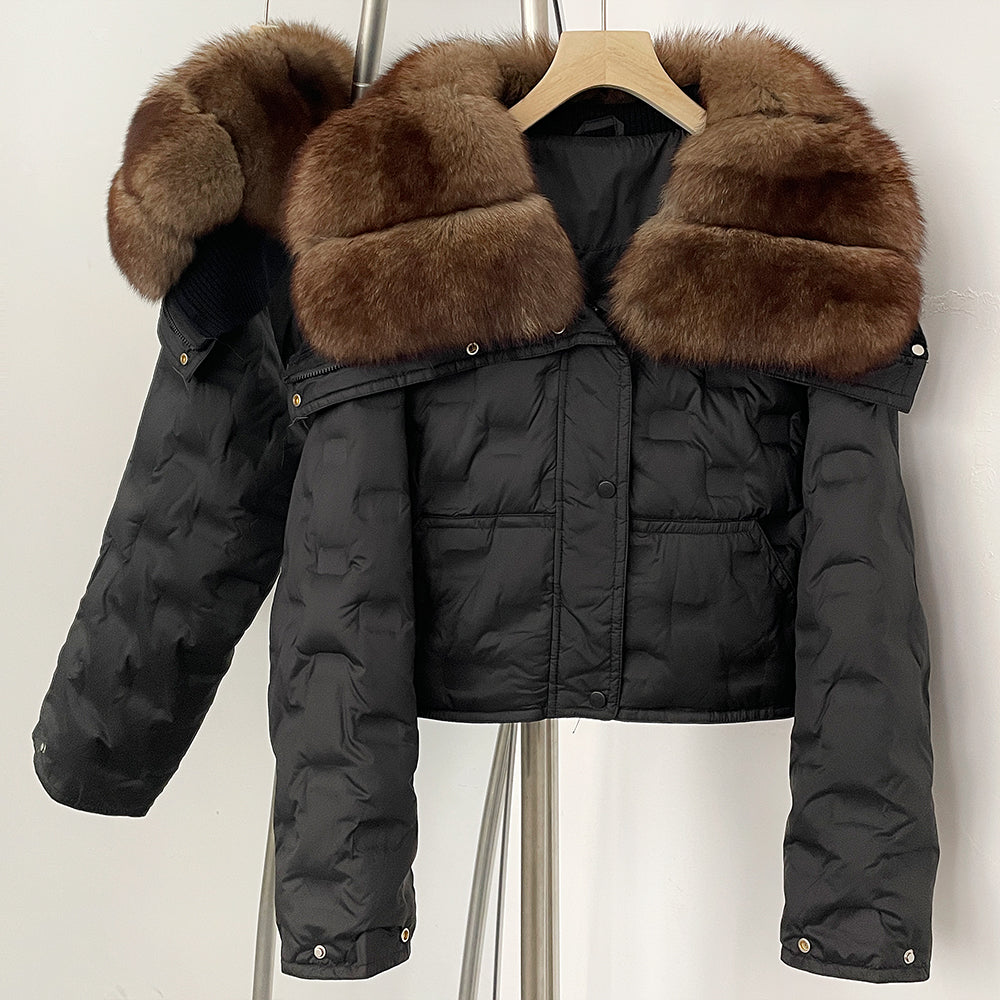 OFTBUY Thickened Warm Fluffy Real Fox Fur Puffer Jacket Women Short Long Sleeve White Duck Down Coat Female New Winter Clothing