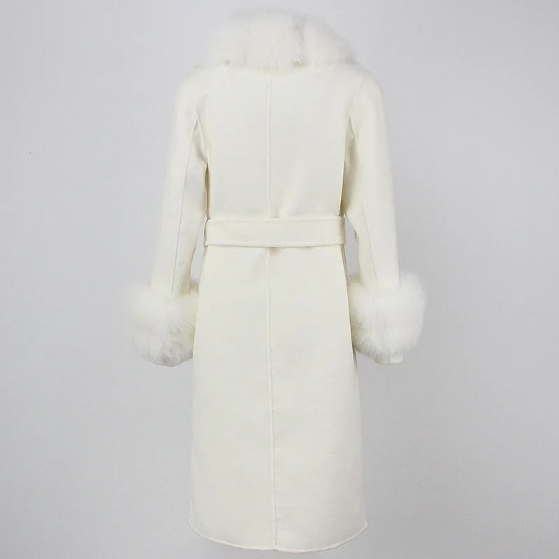 OFTBUY Winter Jacket Women Long Natural Wool Blends Cashmere Real Fur Coat Double Breasted Belt Warm Streetwear New Fashion