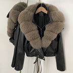 OFTBUY Women's Black Faux Leather Moto Jacket with Real Fox Fur Collar PU Leather Cropped Biker Coat Female New Winter Outerwear
