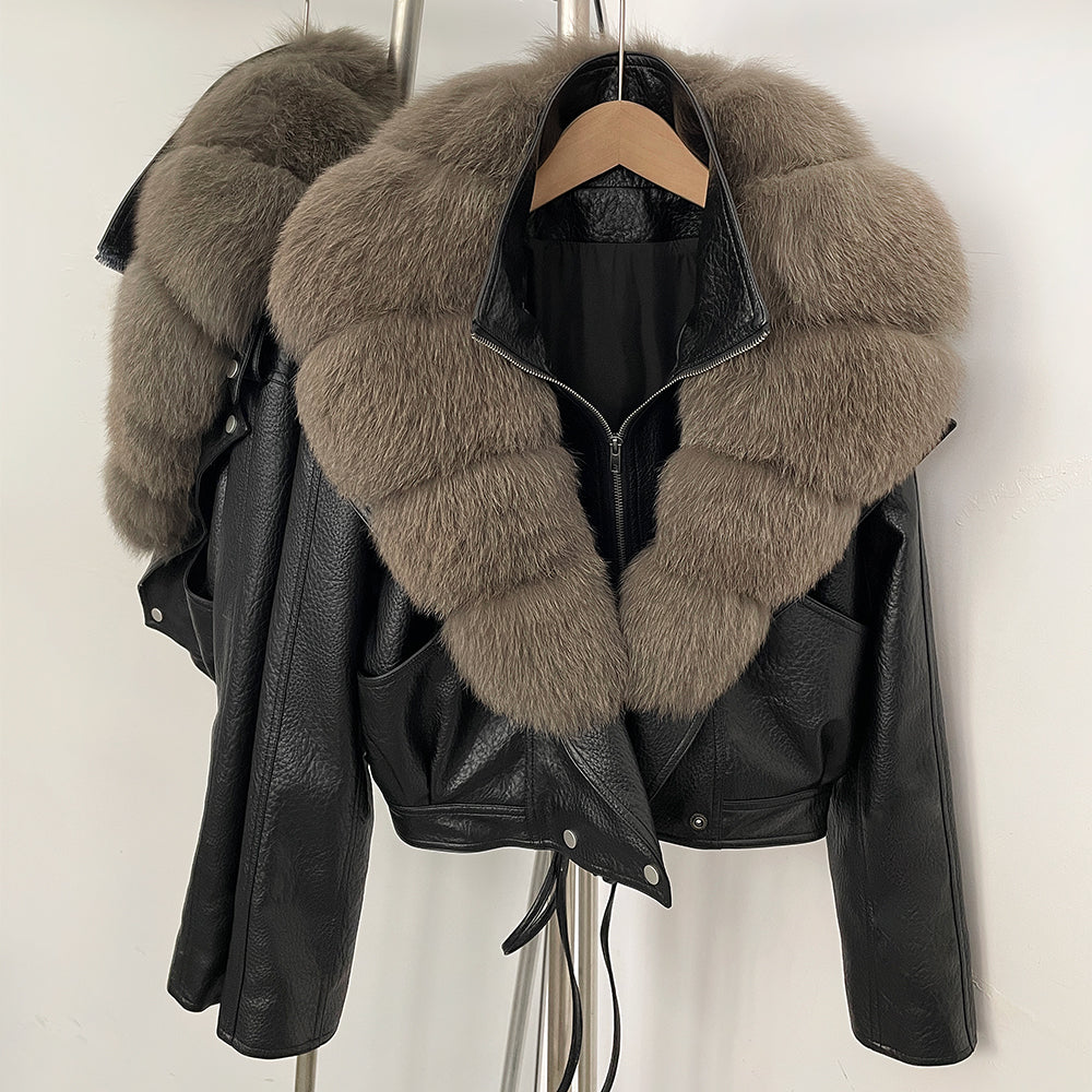 OFTBUY Women's Black Faux Leather Moto Jacket with Real Fox Fur Collar PU Leather Cropped Biker Coat Female New Winter Outerwear