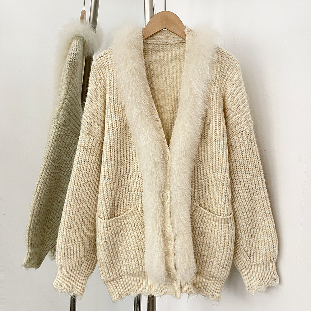 OFTBUY New Spring Autumn Knitting Clothes Women Knitted Long Sleeves Sweater Coat Female Fashion Real Fox Fur Cardigan Jacket