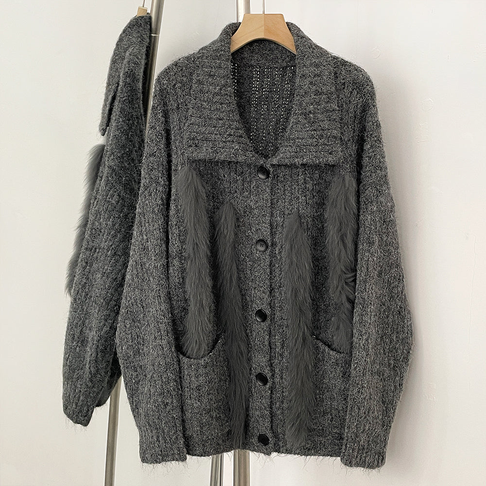 OFTBUY New Fashion Spring Autumn Loose Sweater Female Real Fox Fur Cardigan Clothing Women Button Oversized Knitted Jacket Lady