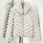 Ethereal white 100% real fox fur coat with voluminous chevron tiered panels