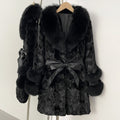 OFTBUY New Winter Thickened Warm Clothes Female Mid-length Leather Belt Real Mink Fur Coat Women Black Natural Fox Fur Jacket
