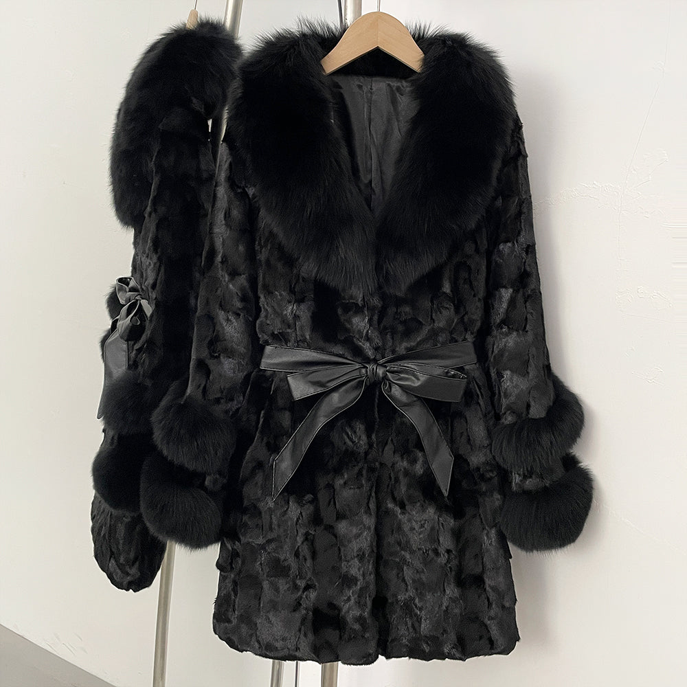 OFTBUY New Winter Thickened Warm Clothes Female Mid-length Leather Belt Real Mink Fur Coat Women Black Natural Fox Fur Jacket