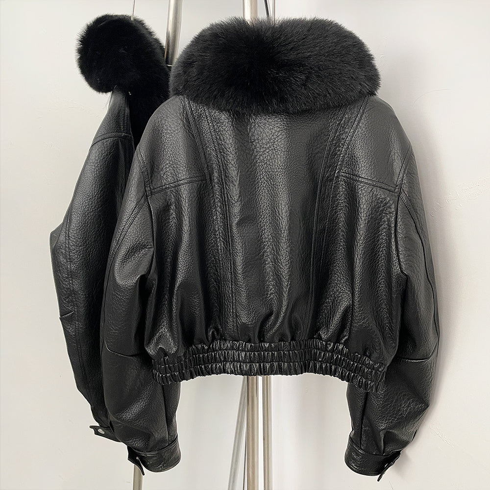 OFTBUY New Spring Autumn Short Top Clothes Women Fashion Pu Leather Jacket with Faux Fur Collar Biker Fake Leather Coat Female