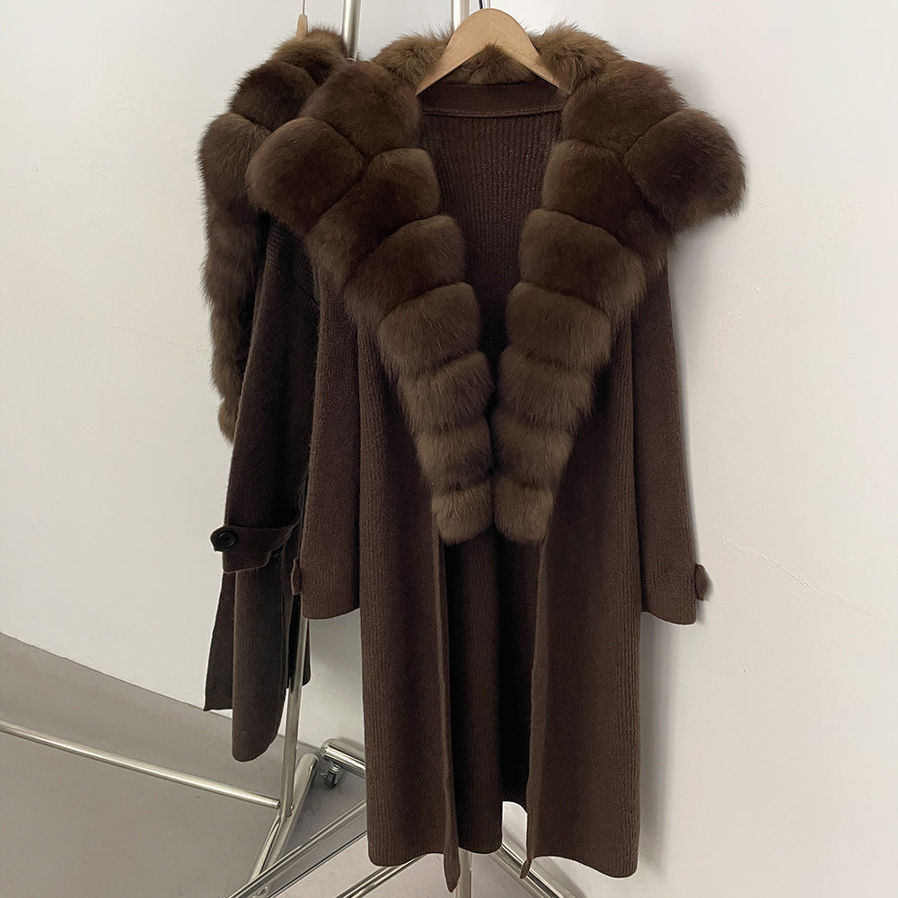 OFTBUY New Autumn Winter Knit Clothing Female Long Big Real Fox Fur Collar Sweater Women Warm Fashion Elegant Cardigan Coat