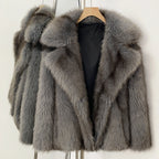 Modern dark grey short faux fur jacket for winter street style