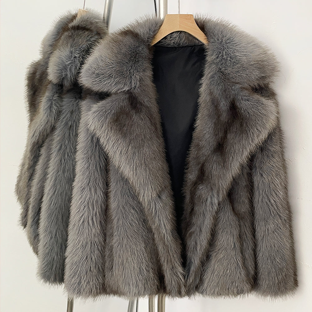 Modern dark grey short faux fur jacket for winter street style