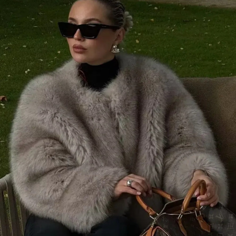 OFTBUY Cropped Faux Fox Fur Jacket
