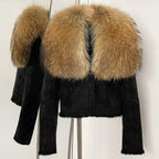 OFTBUY Luxury Suede Jacket with Real Rabbit Fur Lining & Oversized Fox/Raccoon Fur Collar