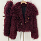 OFTBUY Luxury Oversized Collar Faux Mongolian Sheep Fur Cropped Jacket - Belted Buckle Vegan Curly Fur Coat