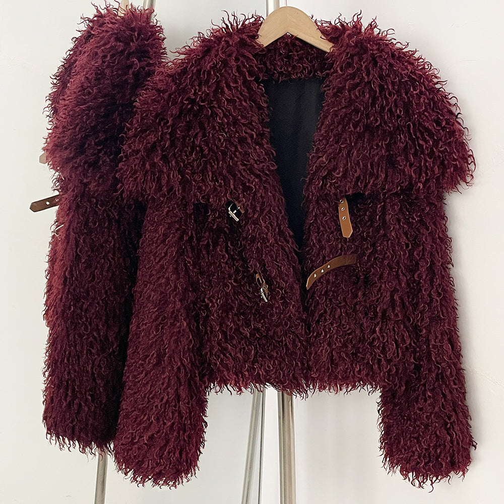 OFTBUY Luxury Oversized Collar Faux Mongolian Sheep Fur Cropped Jacket - Belted Buckle Vegan Curly Fur Coat