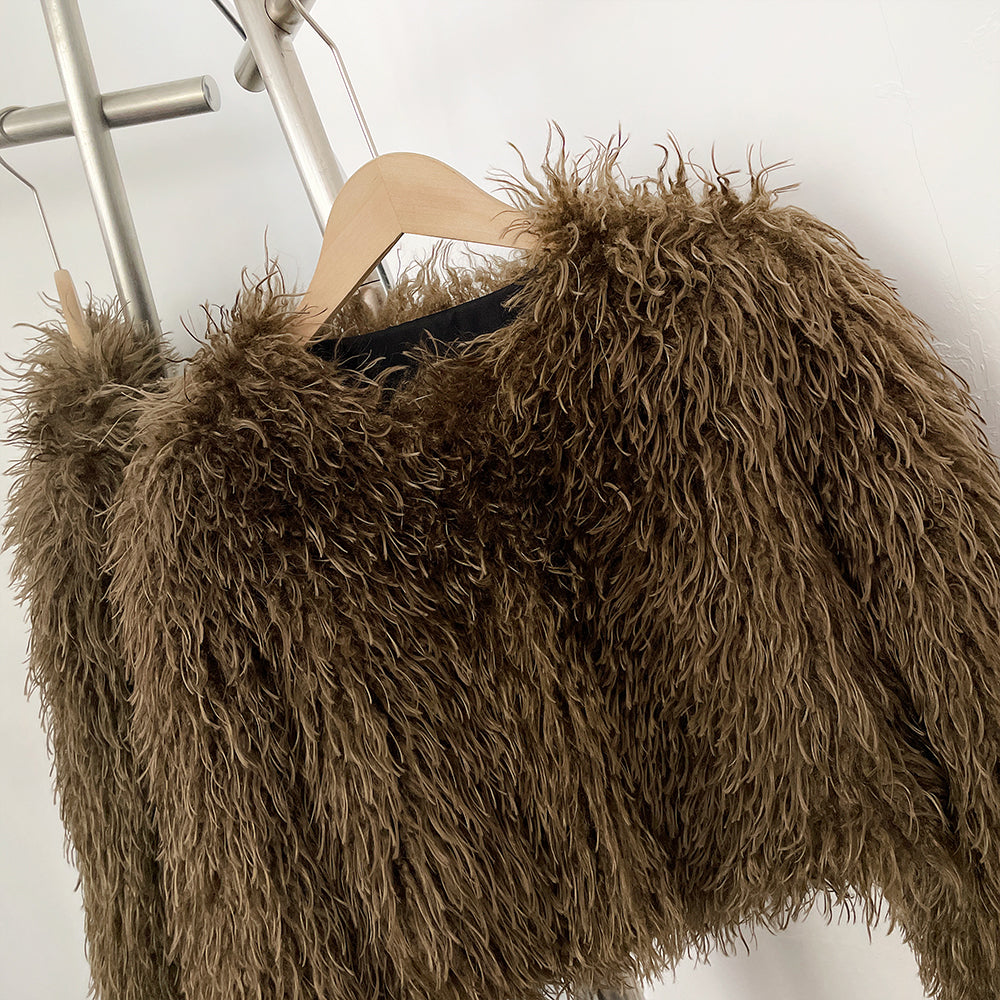 OFTBUY Faux Fur Coat for Women Fur Fluffy Autumn Short Fur Coat Eco-friendly Warm Female New Winter Jacket Long Sleeves O-neck