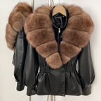 OFTBUY Women's Luxury Real Fox/Raccoon Fur Faux Leather Jacket Elastic Waist New Winter Coat Elegant PU Leather Outerwear Female