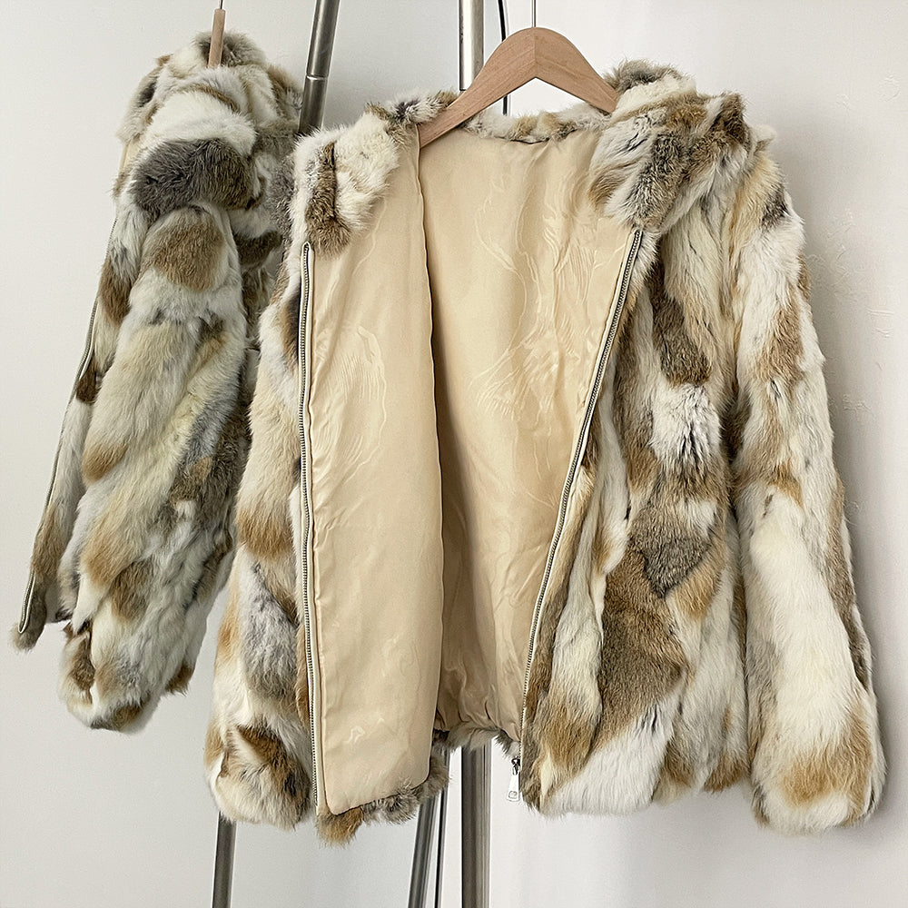 OFTBUY Hooded Zipper Natural Rabbit Fur Jacket Female New Fahsion Autumn Winter Clothes Women Thickened Warm Real Fur Coat Lady