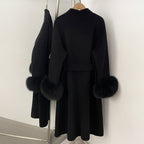 OFTBUY New Women's Wool Coat with Real Fox Fur Cuffs Double Breasted Belted Bow Pockets Warm Winter Elegant Fashion Outerwear